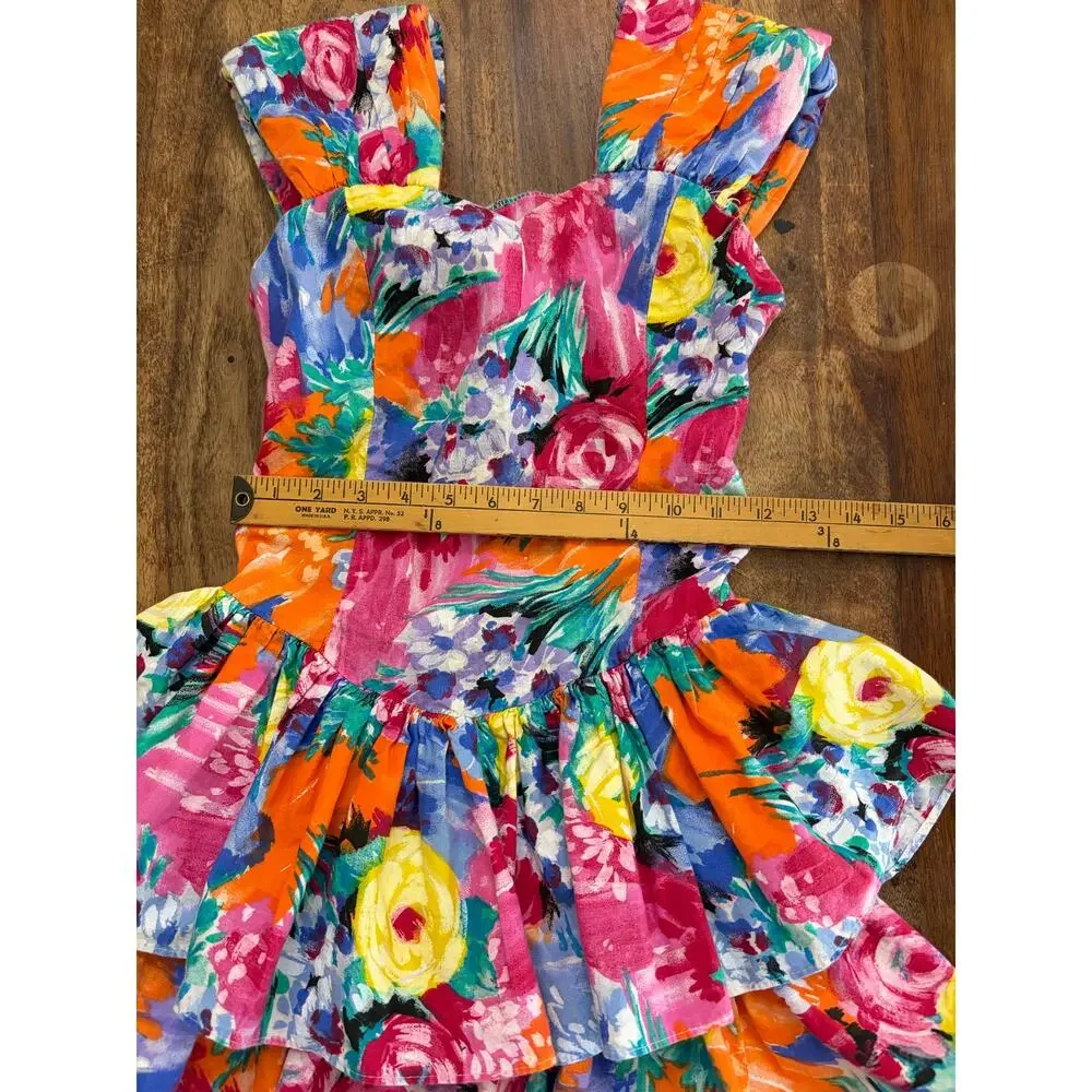 Vintage 80s Amy Too! Ruffle bright Dress Floral Print Multicolor Size 12